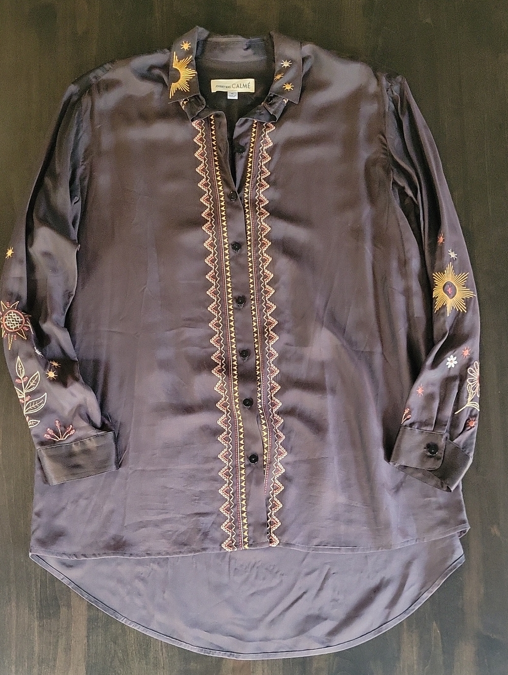 Johnny Was Calme Graphite Embroidered Rayon Silk Tunic XS